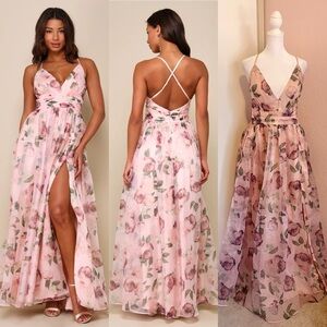 Lulus Romance That Wows Blush Floral Print Organza Maxi Dress